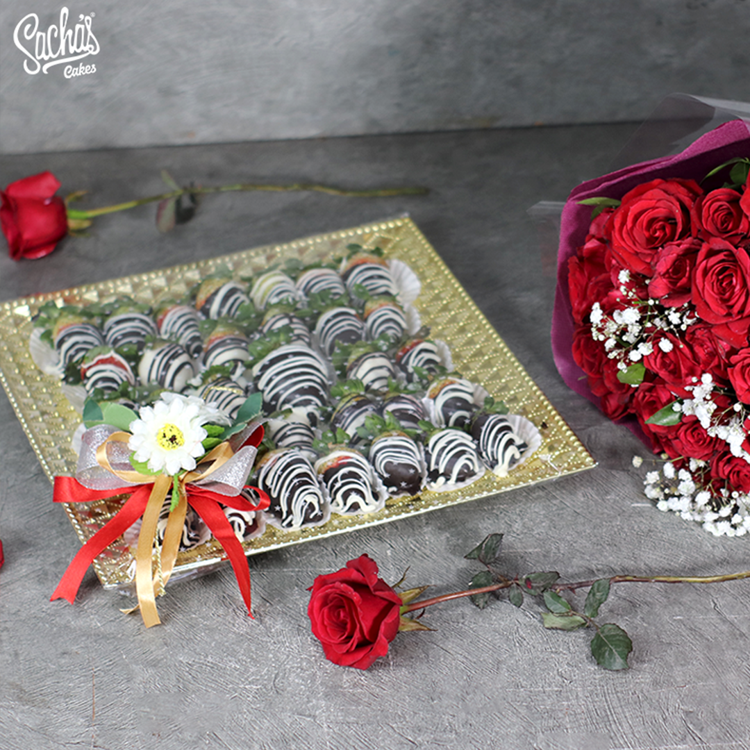 ChocoBerry Bliss Tray with Elegance Red Rose Bouquet
