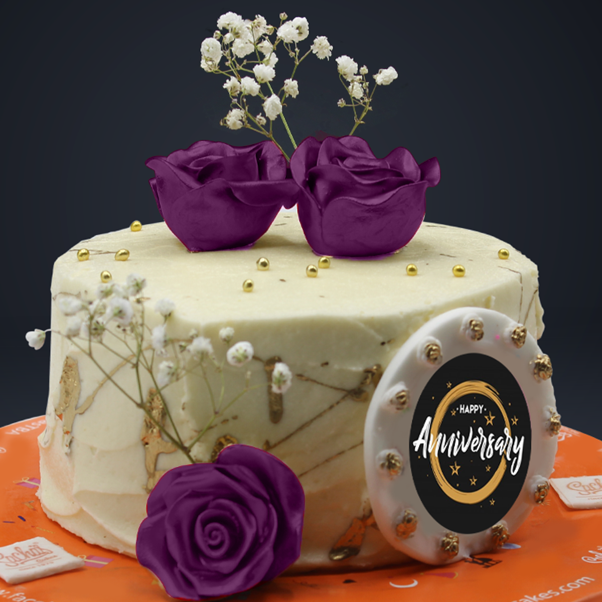 Cream cake with Purple Fondant Roses Anniversary Theme - Sacha's Cakes 